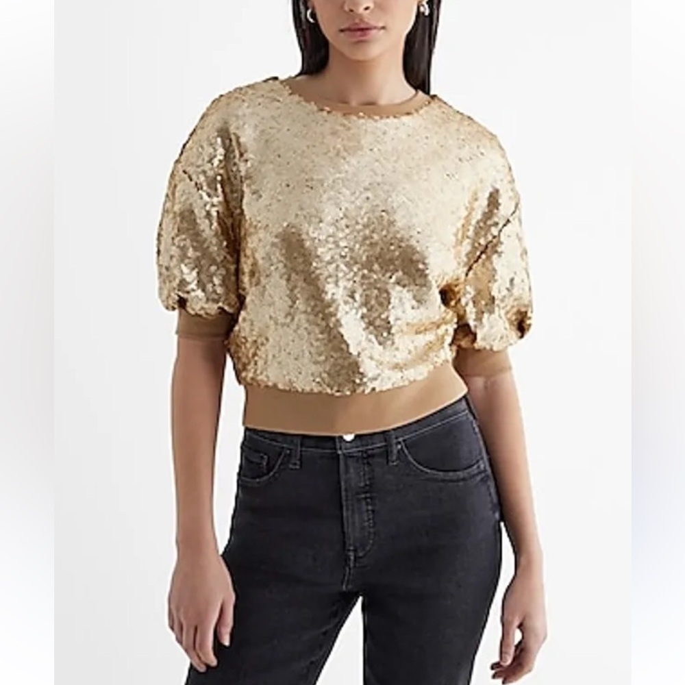 NYE Festive Sparkle Express gold sequins crew neck puff sleeve sweater NEW